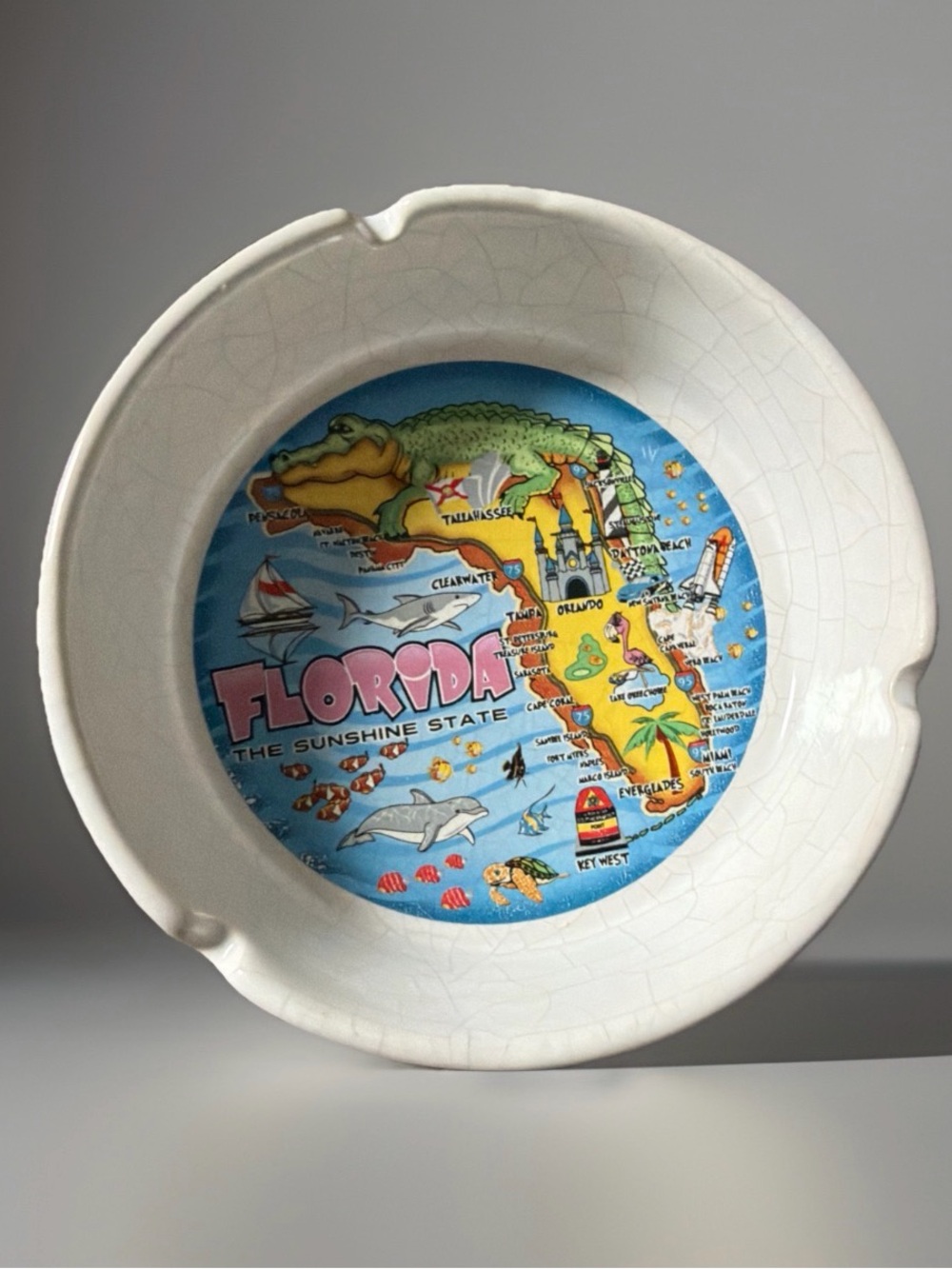 Vintage Florida  Map Ashtray by Herzfeld’s . White Ceramic. Excellent Condition.